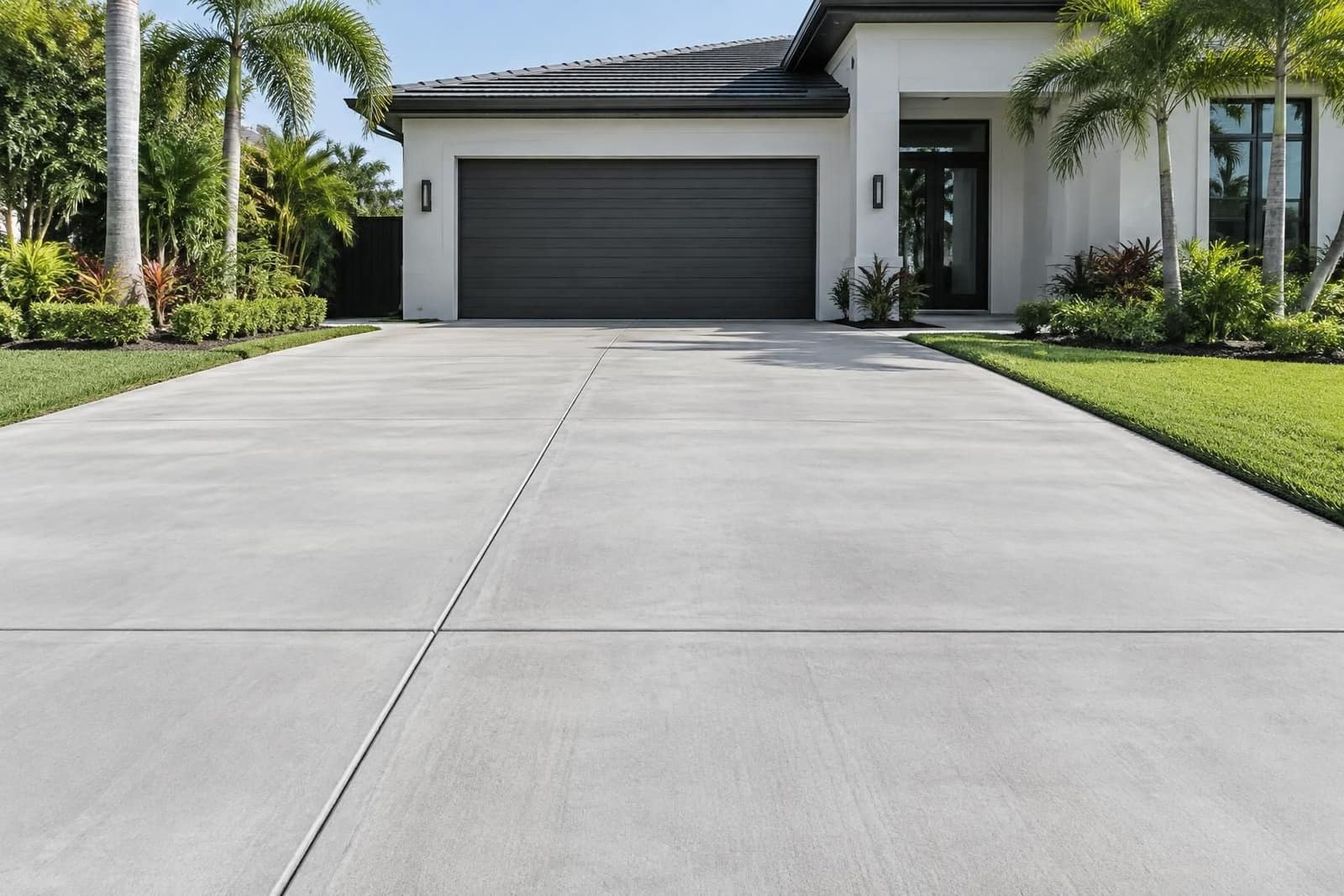 New smooth concrete driveway with clean control joints leading to a South Florida home