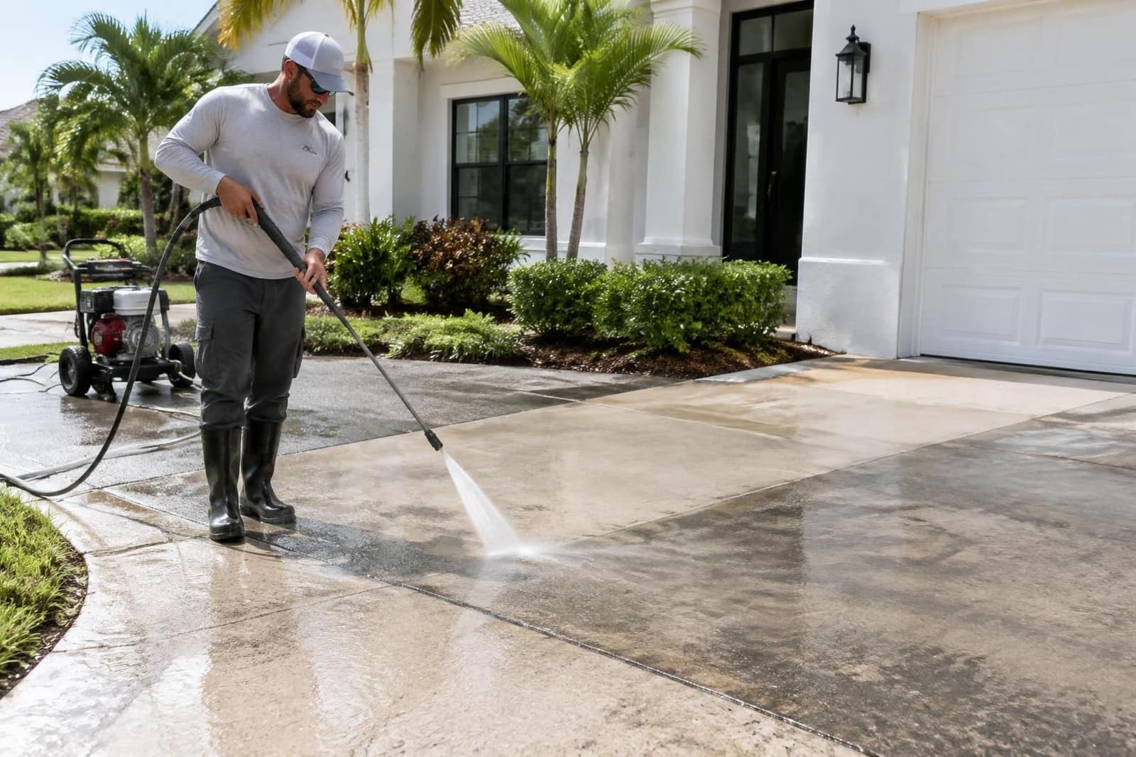 Professional pressure washing a concrete driveway beside a freshly painted South Florida home